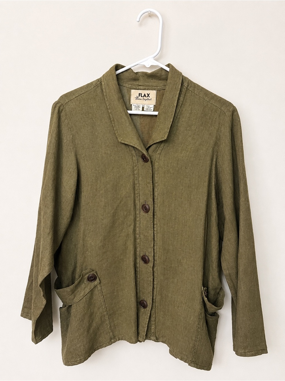 FLAX by Jeanne Engelhart Olive Green 100% Linen Button Front Jacket